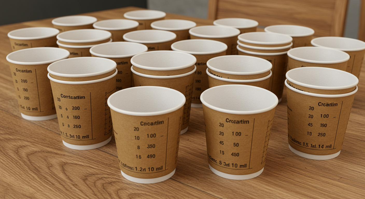 다양한 용량의 종이컵들이 나무 테이블 위에 배열된 모습
