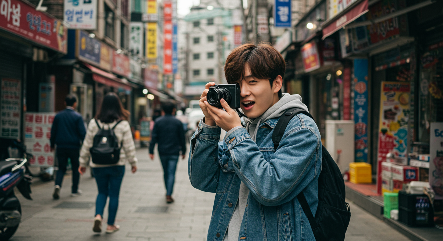 리코 GR3 카메라로 역동적인 도시 풍경을 촬영하는 모습