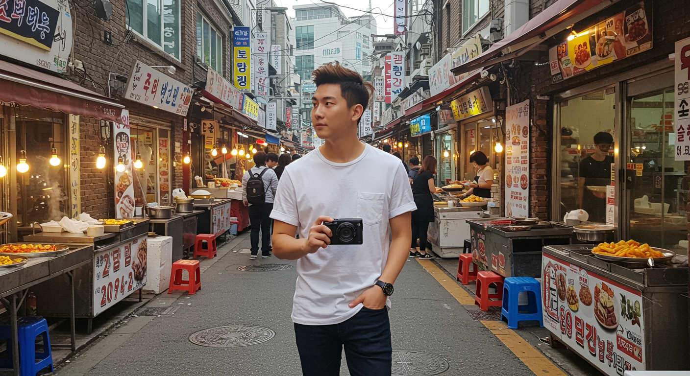 서울 거리 시장에서 캐주얼 복장을 한 젊은 남성이 리코 GR3 카메라를 들고 있는 장면