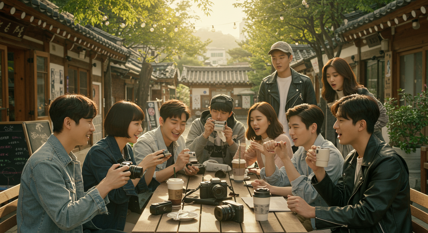 서울 야외 카페에서 리코 GR3 사용 경험을 공유하며 커피를 마시는 다양한 청년들