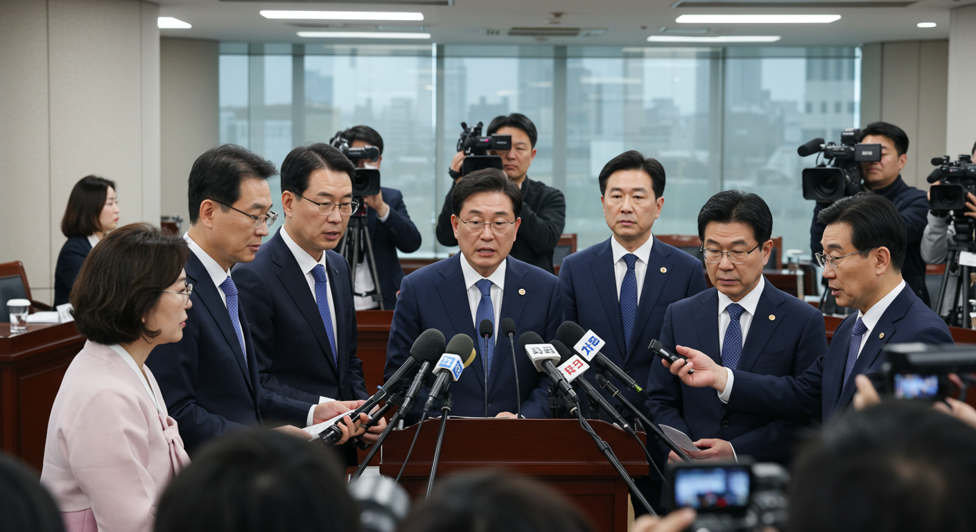 정치인들이 심각한 토론을 벌이는 기자회견 현장