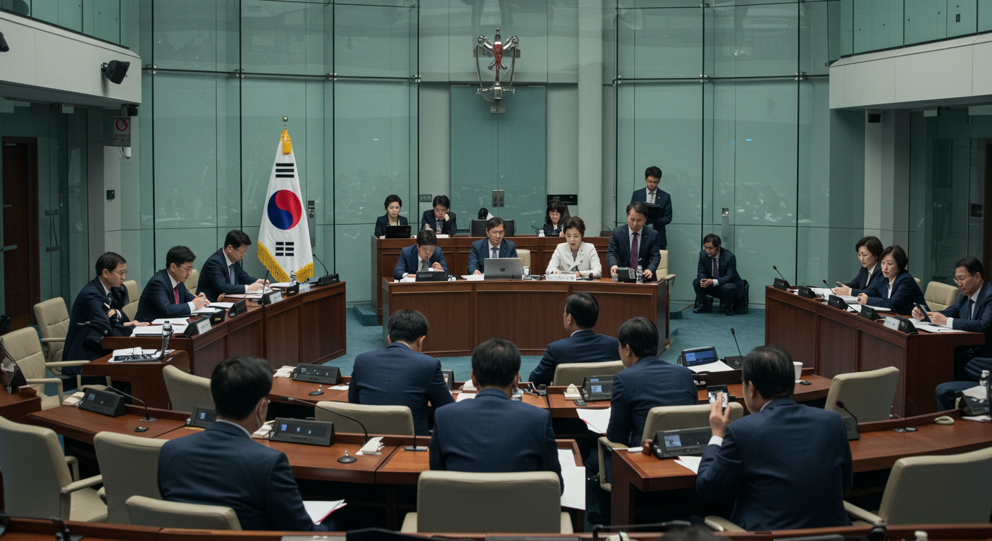 현대적인 한국 국회에서 정치인들 간의 열띤 토론 장면