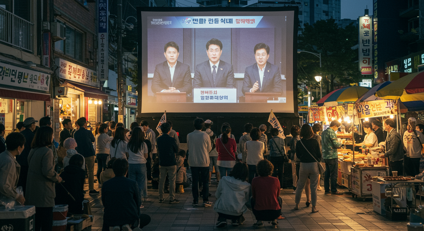 공공 광장에서 큰 화면으로 정치 토론을 시청하는 시민들 모습