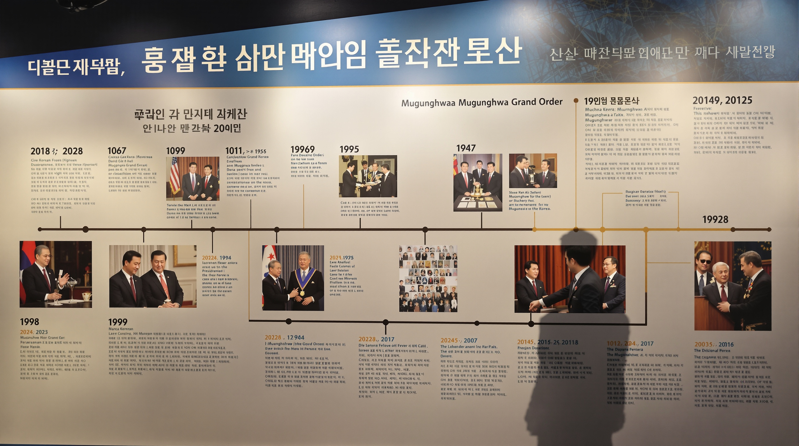 여러 시대의 한국 대통령이 외국 정상에게 훈장을 수여하는 역사를 보여주는 타임라인