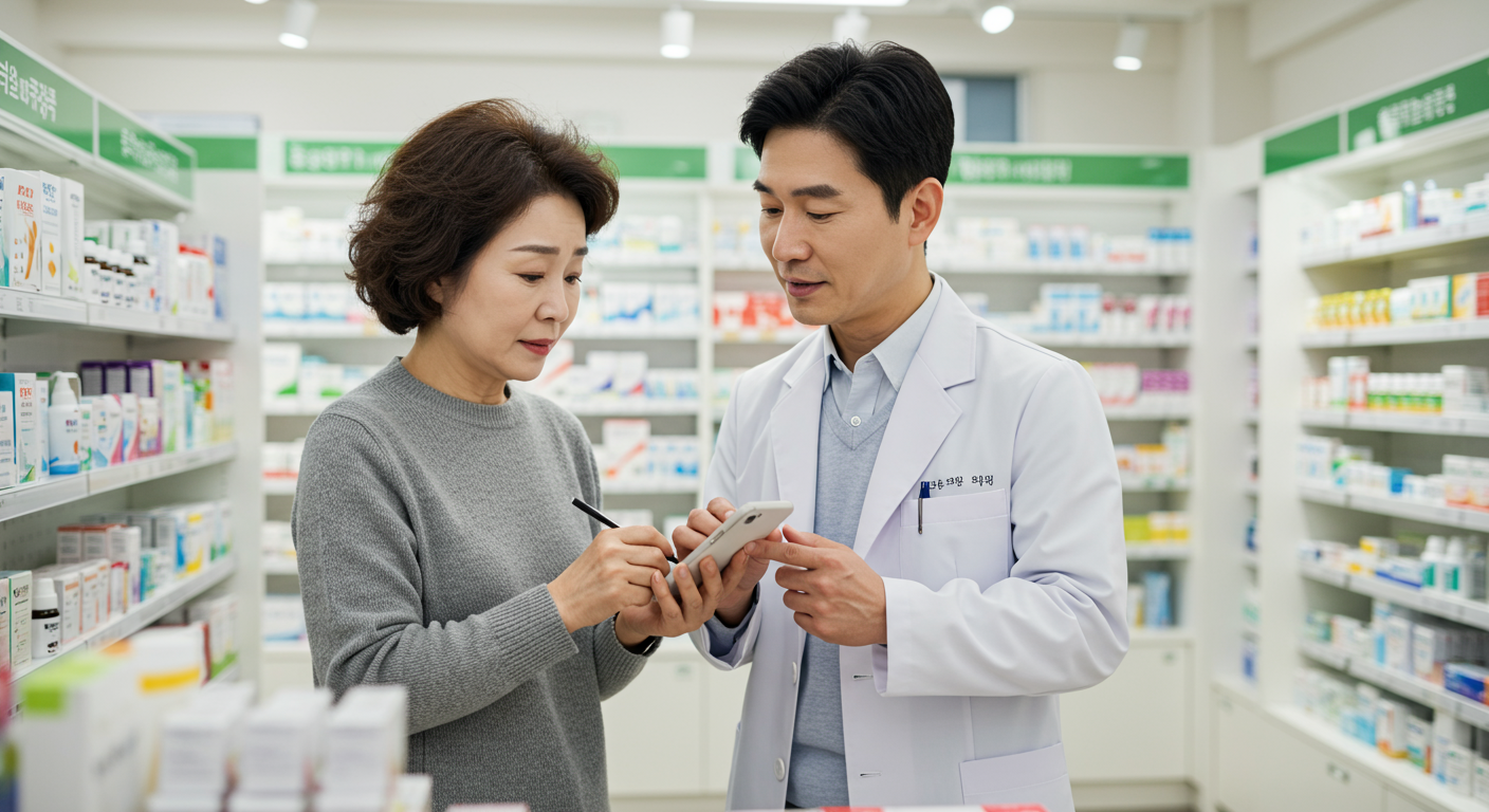 약국에서 약사의 설명을 듣고 스마트폰에 기록하는 부모의 모습