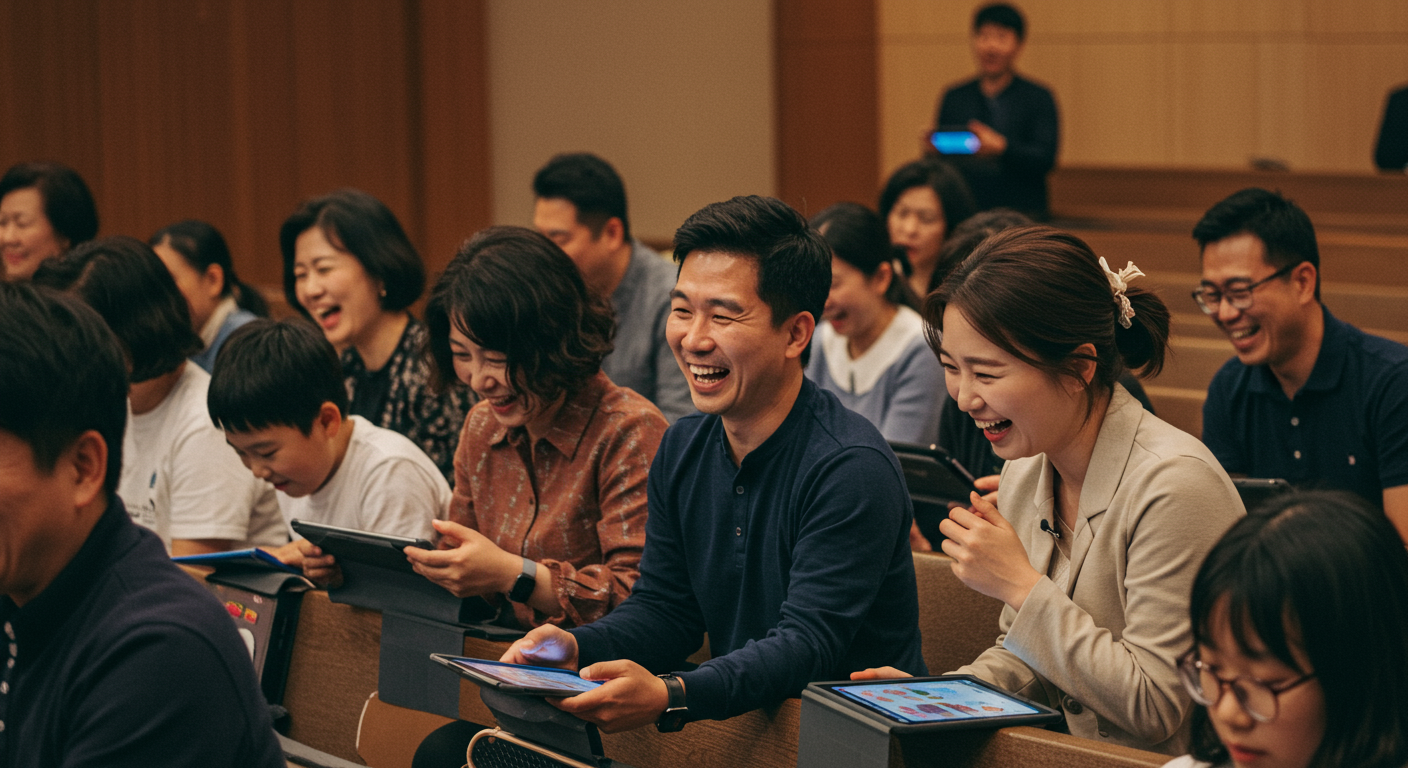 교회 행사에서 태블릿으로 성경 퀴즈를 하며 웃고 있는 다양한 연령대 사람들