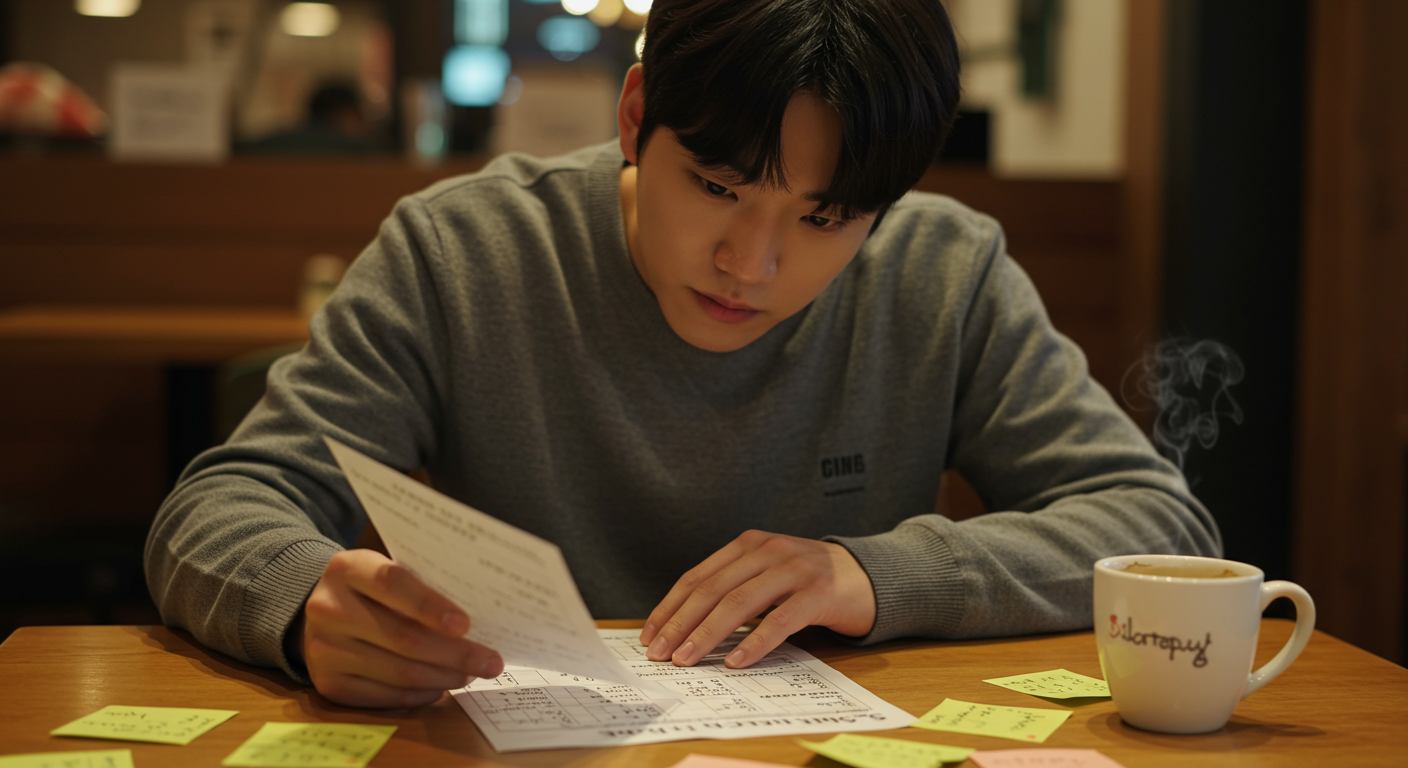 카페에서 단어 놀이 퍼즐을 고민하는 학생의 모습
