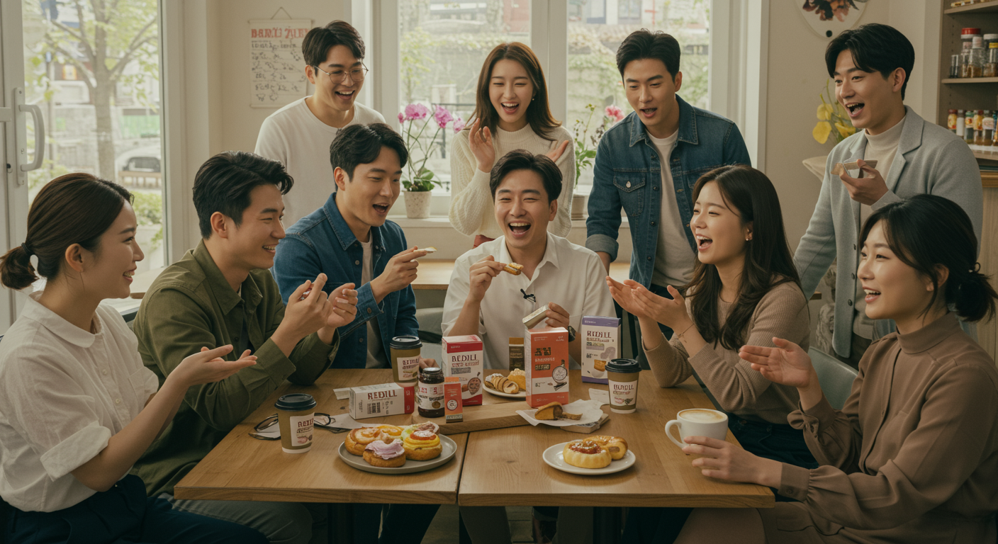 카페에서 레딜제로에 대해 대화를 나누며 긍정적인 반응을 보이는 사람들