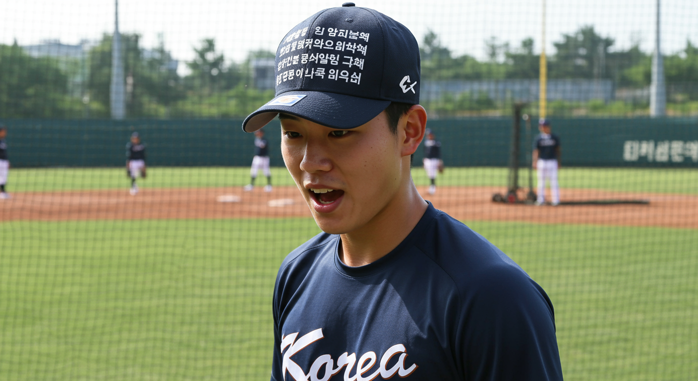 모자에 다짐 문구가 적힌 채 불펜 연습 중인 야구 선수