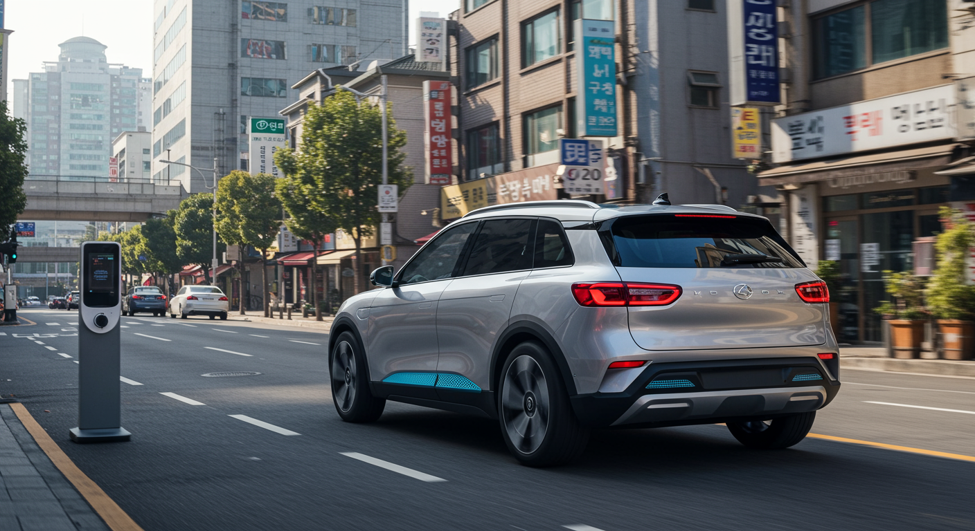 서울 거리에서 디자인 혁신과 전동화를 강조하는 미래 지향적인 소형 SUV