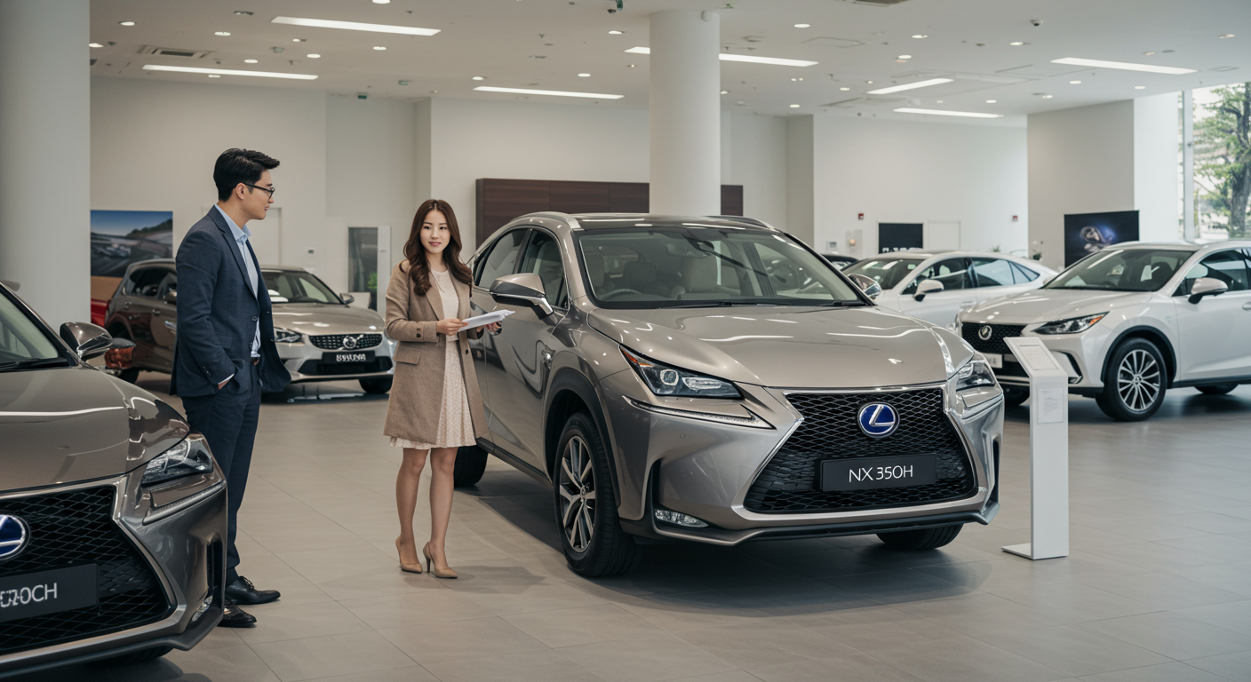 고급 자동차 매장에서 렉서스 NX350h 구매를 고민하는 커플의 모습