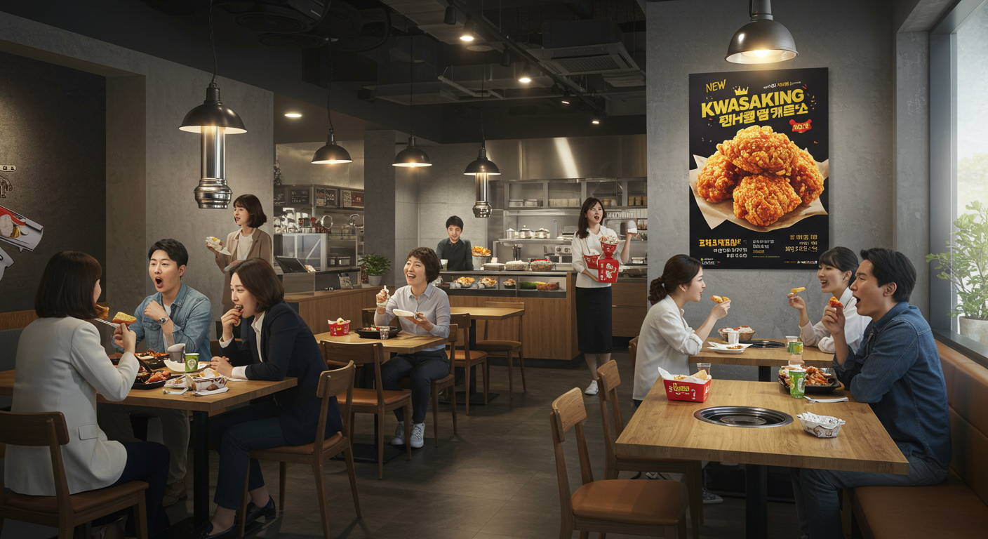 현대적인 한국 레스토랑 내부에서 새로운 '콰삭킹' 치킨을 주문하고 맛보는 손님들