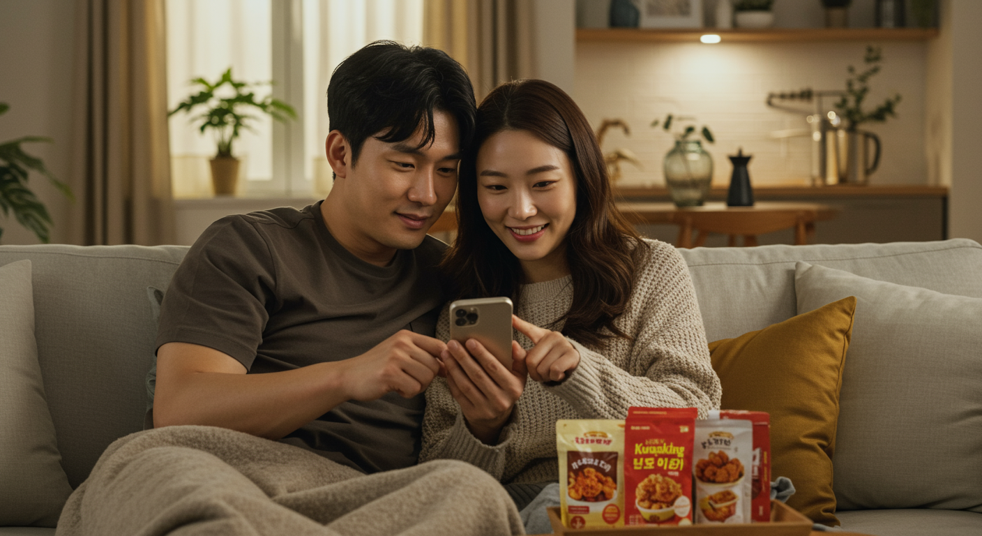거실에서 스마트폰으로 '콰삭킹' 할인 정보를 확인하는 커플