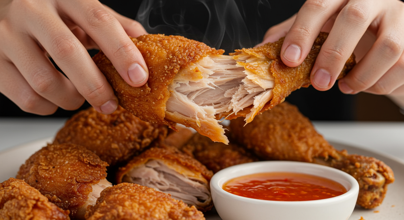 스윗 하바네로 소스 옆에 놓인 바삭한 콰삭킹 치킨을 뜯는 장면