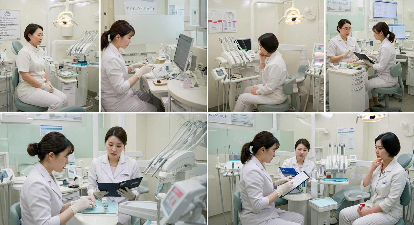 여러 한국 환자들이 다양한 병원에서 제로네이트 치료 상담을 받고 있는 진지한 분위기