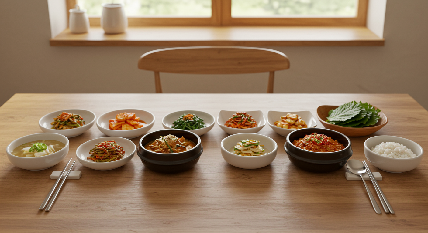단순한 국물에서부터 점차 일반식으로 이어지는 작은 한식 요리가 놓인 현대적 테이블