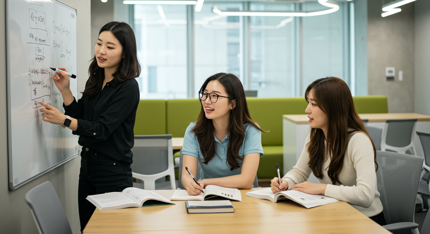 대학에서 협력 학습을 하는 여학생들, 지식과 덕성 및 기술 강조
