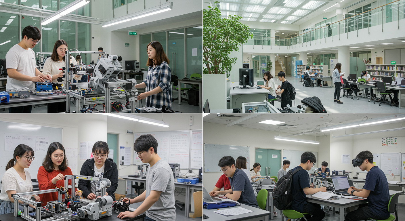 캠퍼스에서 학업과 실생활 응용을 균형 있게 수행하는 학생들