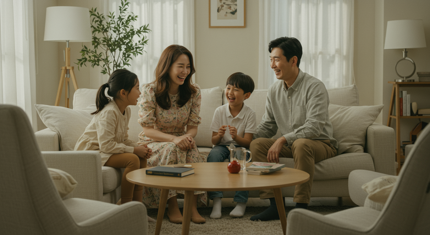 현대적인 한국 가족이 거실에서 웃고 있는 모습