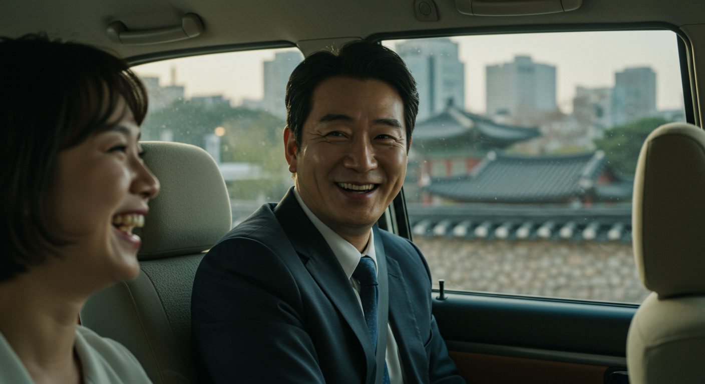 택시 안에서 농담으로 웃고 있는 택시 기사와 승객