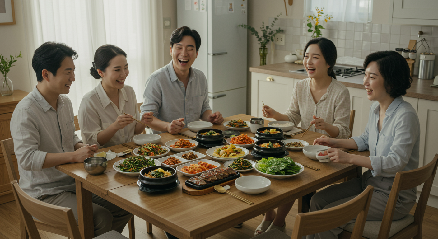전통 음식을 즐기며 식탁에서 농담을 주고받는 가족