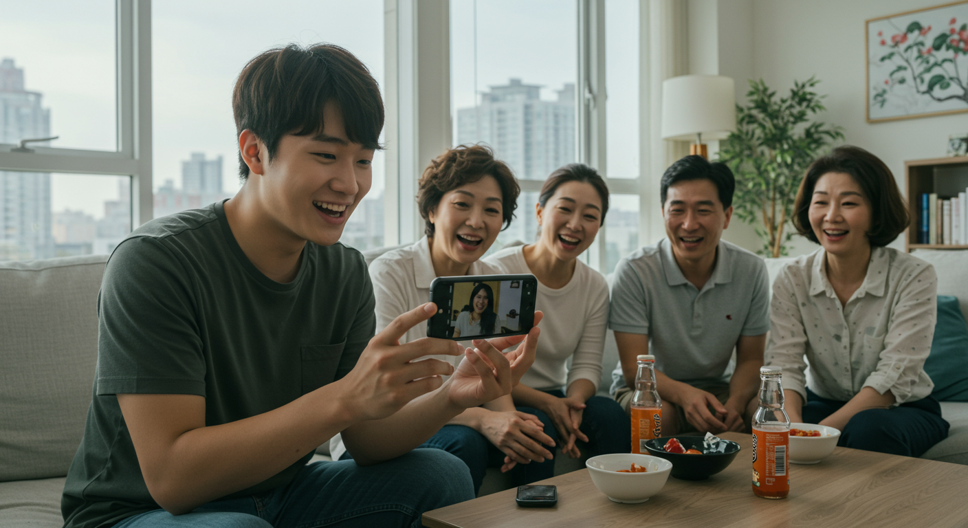 현대식 아파트에서 스마트폰으로 재미있는 것을 보여주는 젊은 성인