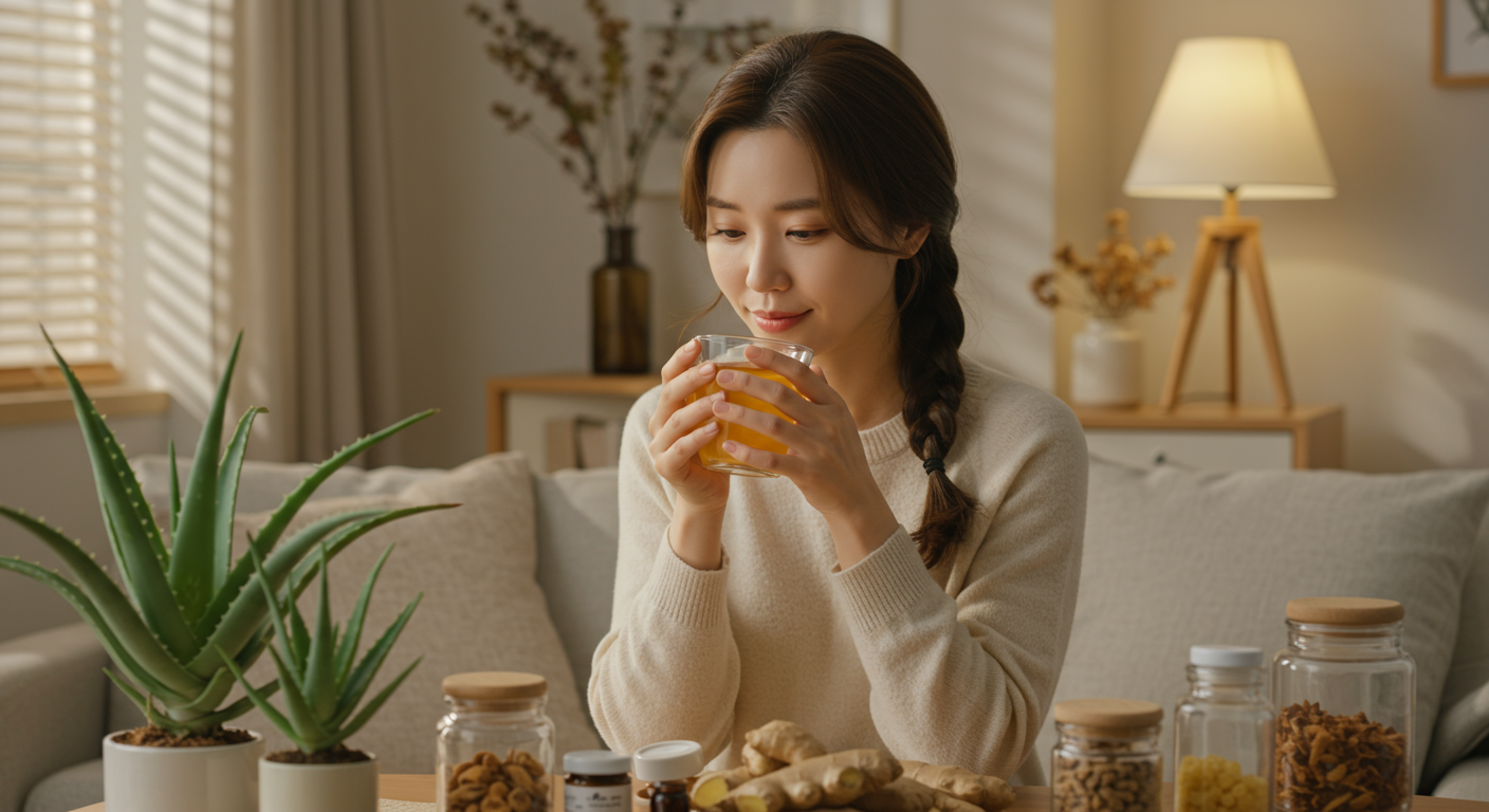 생강차를 마시며 메스꺼움을 완화하는 여성의 일상적인 모습