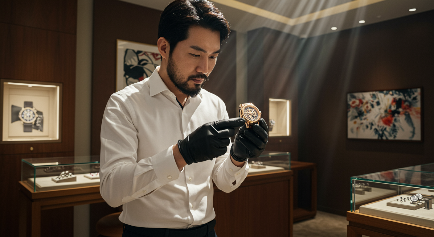 고급 시계 부티크에서 화려한 스켈레톤 다이얼과 자동 무브먼트를 가진 손목시계를 감상하는 모습