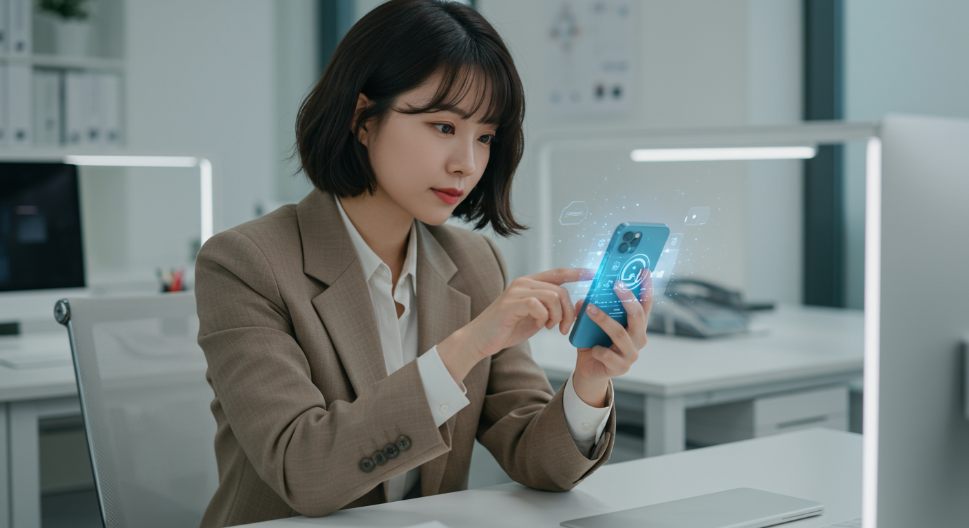 현대적인 사무실에서 최신 아이폰을 사용하는 직장인의 모습