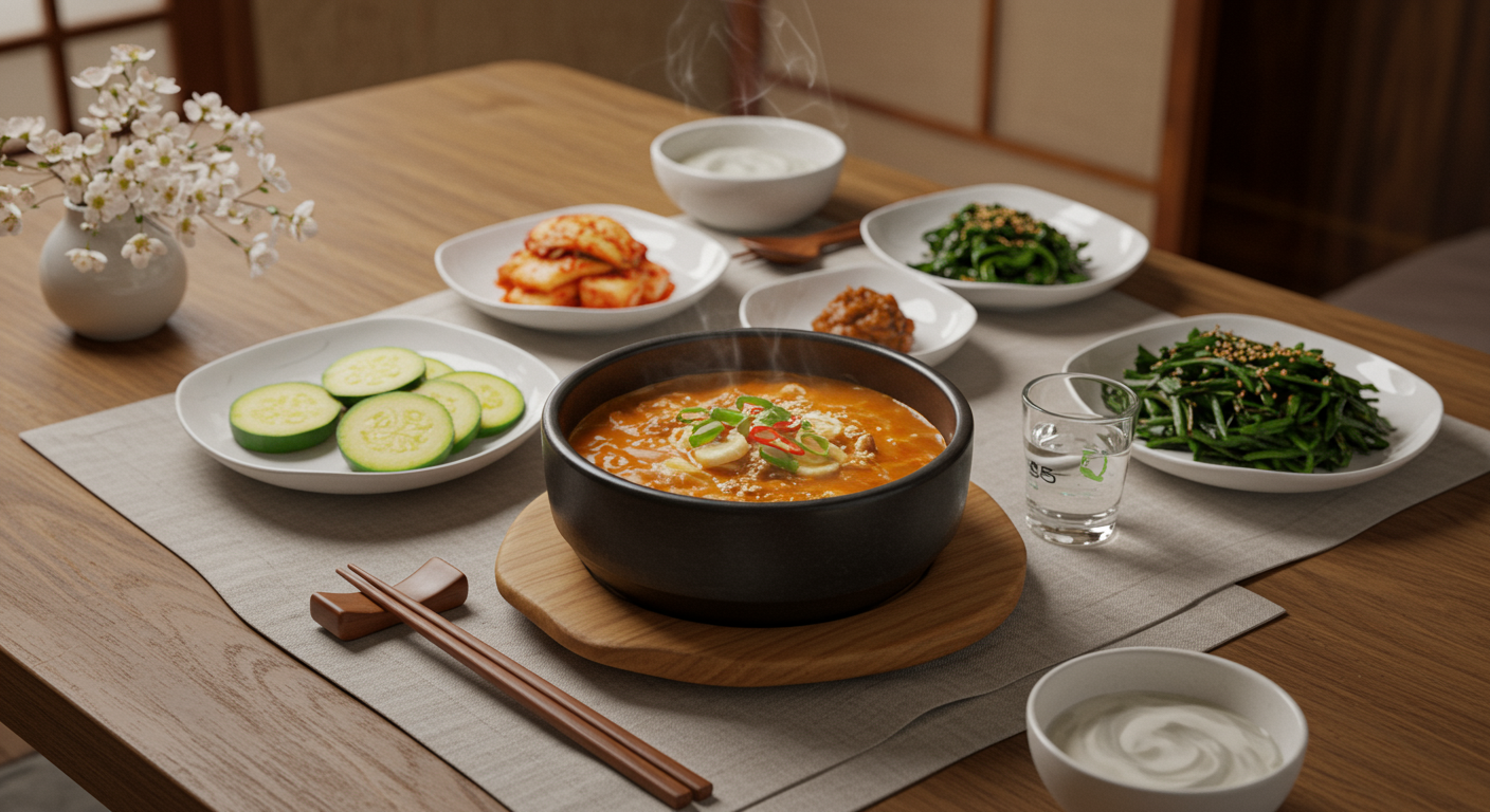 계절에 따라 다양한 재료로 구성된 순두부찌개와 테이블 세팅