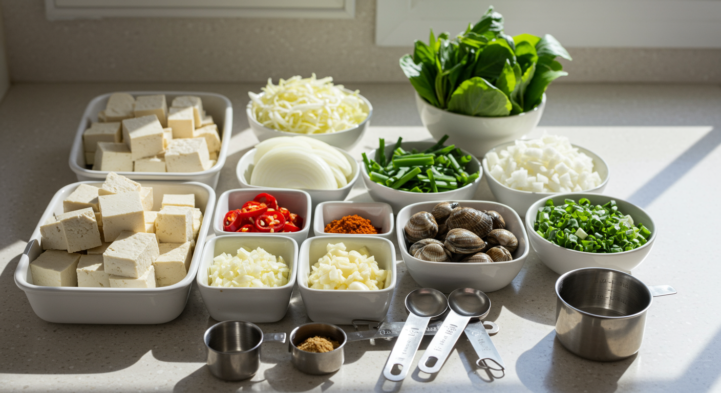 순두부찌개의 재료가 깔끔하게 정리되어 있는 주방 조리대 모습