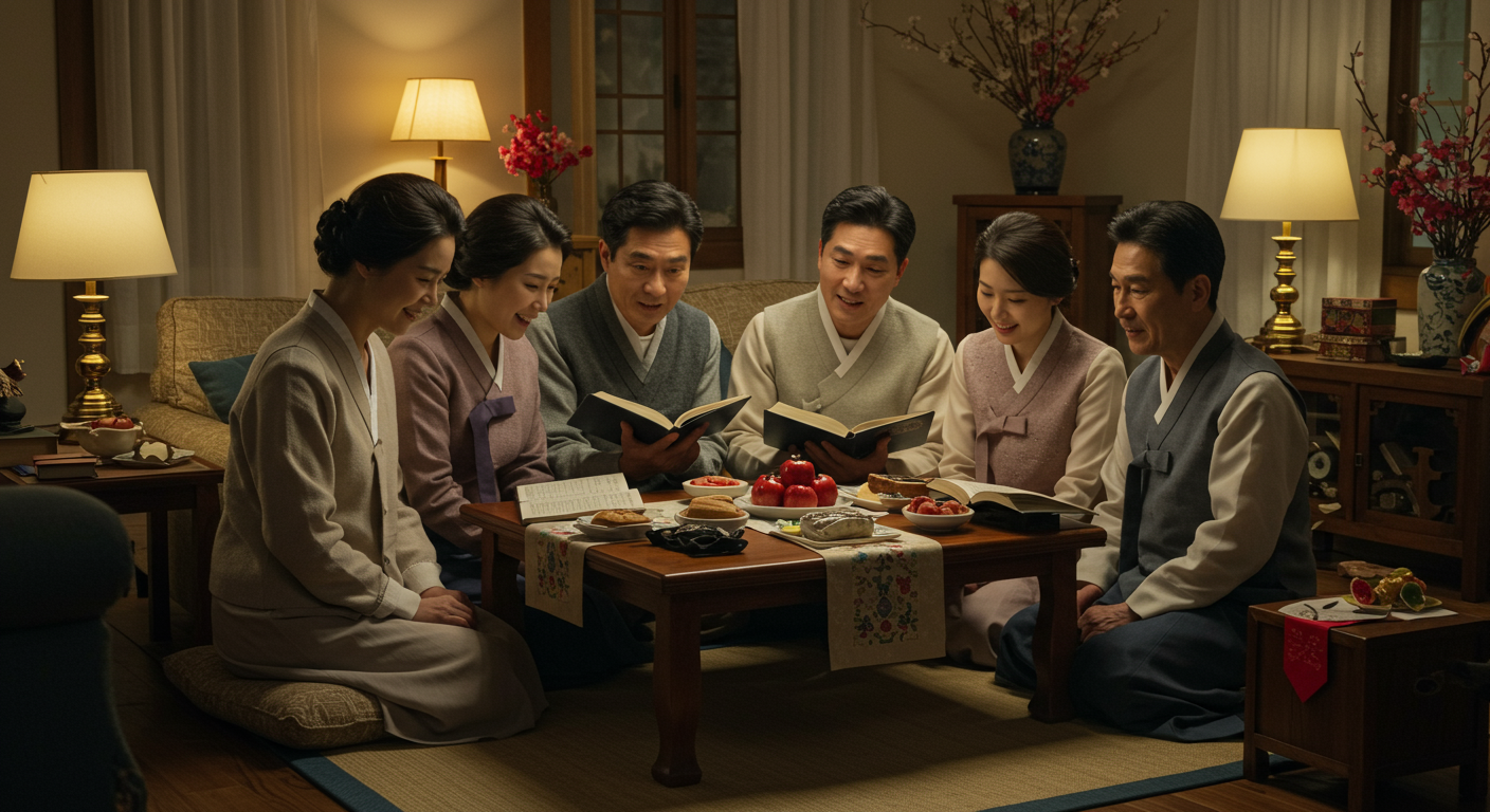 새해를 맞아 가족들이 집에서 성경을 읽으며 화목하게 시간을 보내는 모습