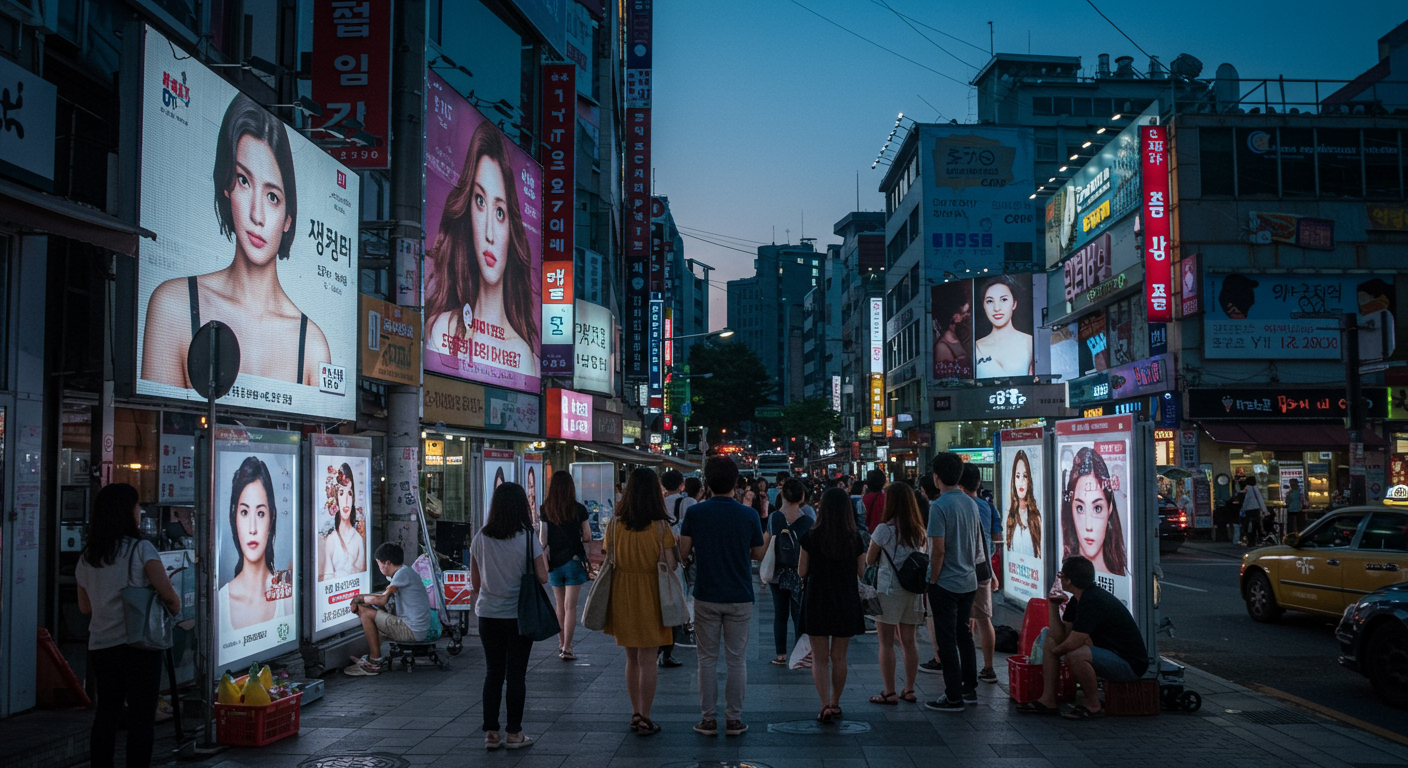 대형 화면에 비현실적인 미 기준 광고를 보고 있는 다양한 사람들의 도시 거리 장면