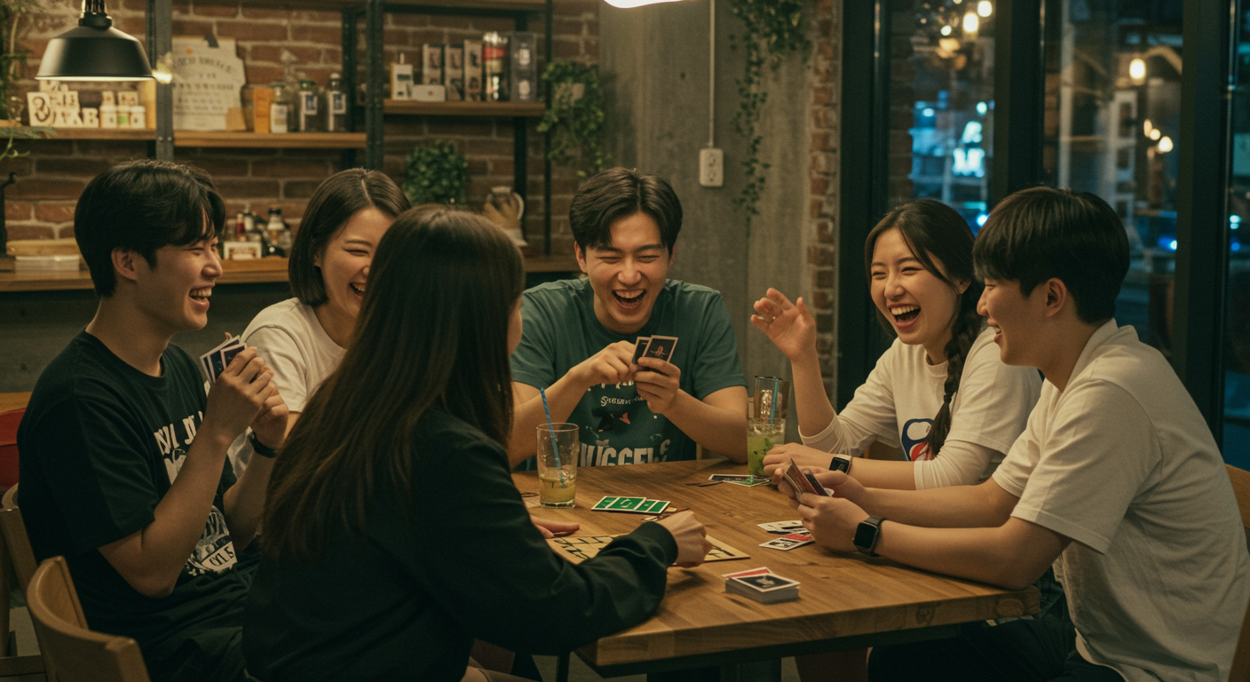 젊은 친구들이 카페에서 게임을 하며 웃고 있는 모습