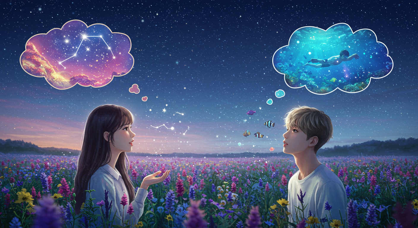 두 사람이 별과 대화하거나 물고기와 수영하는 상상을 하는 모습