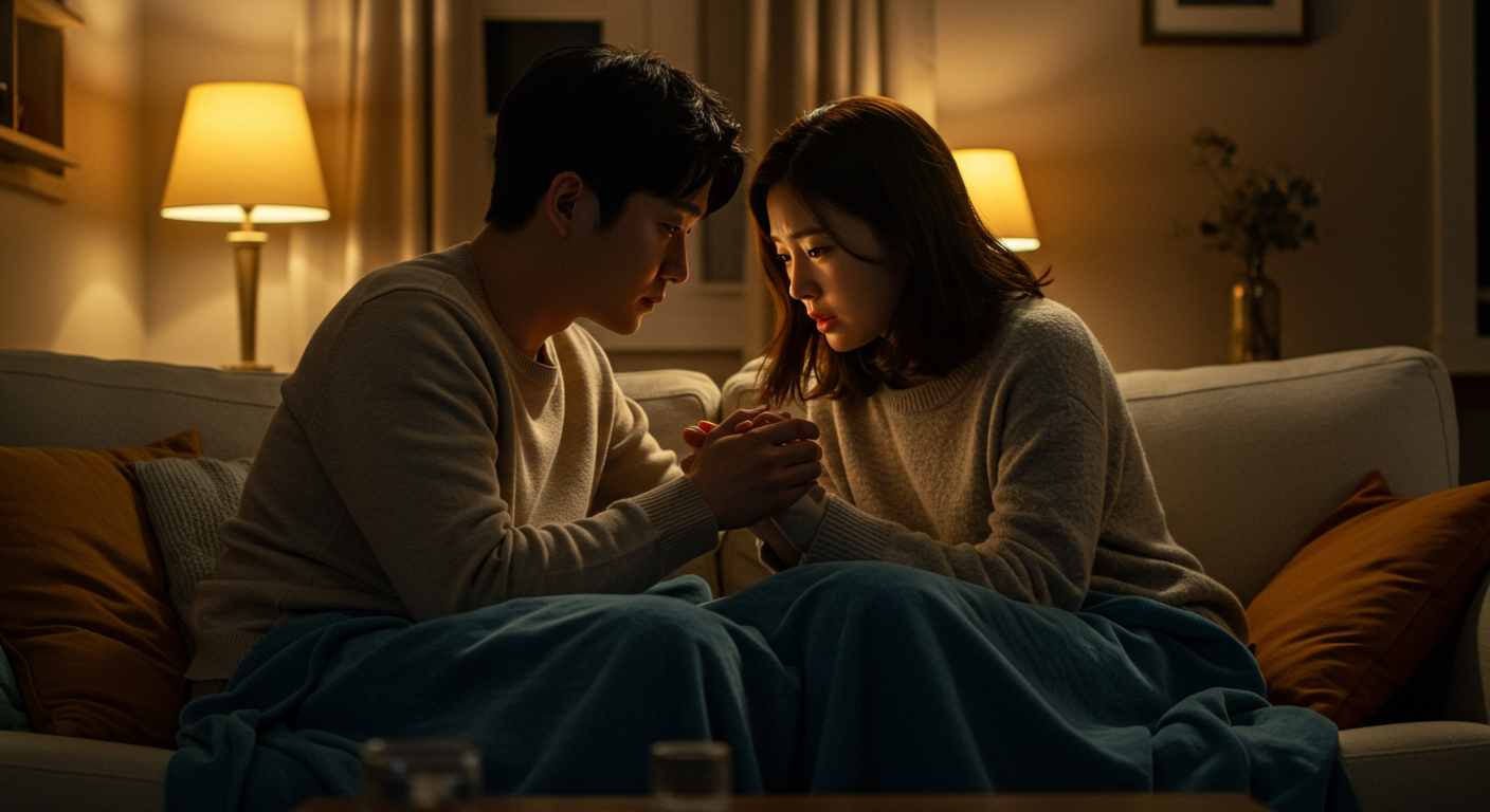 커플이 방에서 사랑과 관계에 대한 깊은 대화를 나누는 장면