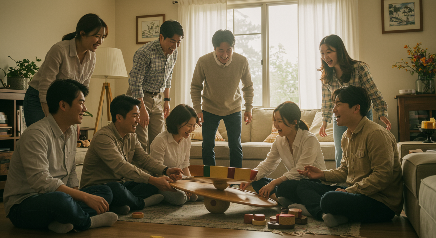 다양한 친구들이 집에서 활발히 밸런스 게임을 즐기는 모습