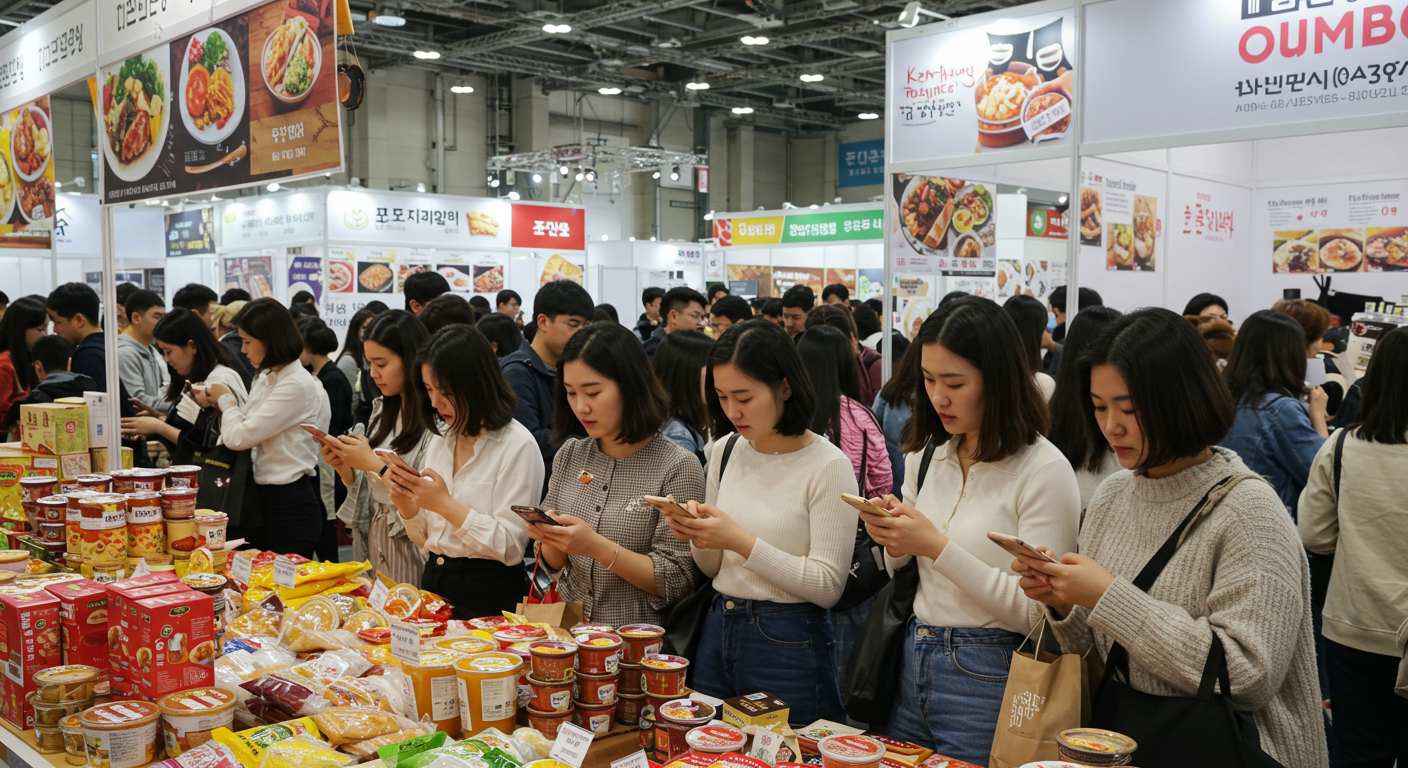 스마트폰으로 제품 정보를 기록하며 바쁜 식품 박람회를 방문하고 나중에 온라인에서 가격을 비교하는 모습