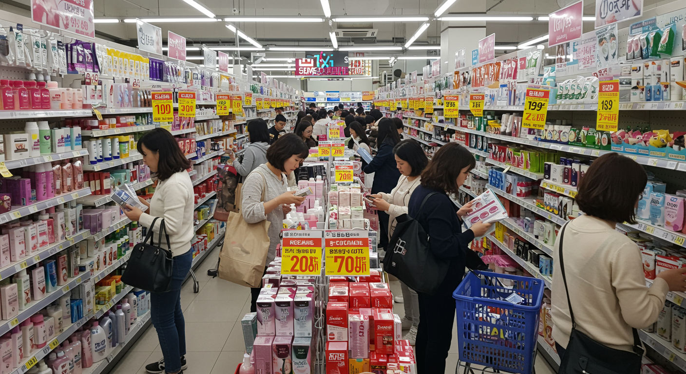 화장품과 생활용품이 가득한 후쿠오카 드럭스토어 안에서 쇼핑하는 관광객들