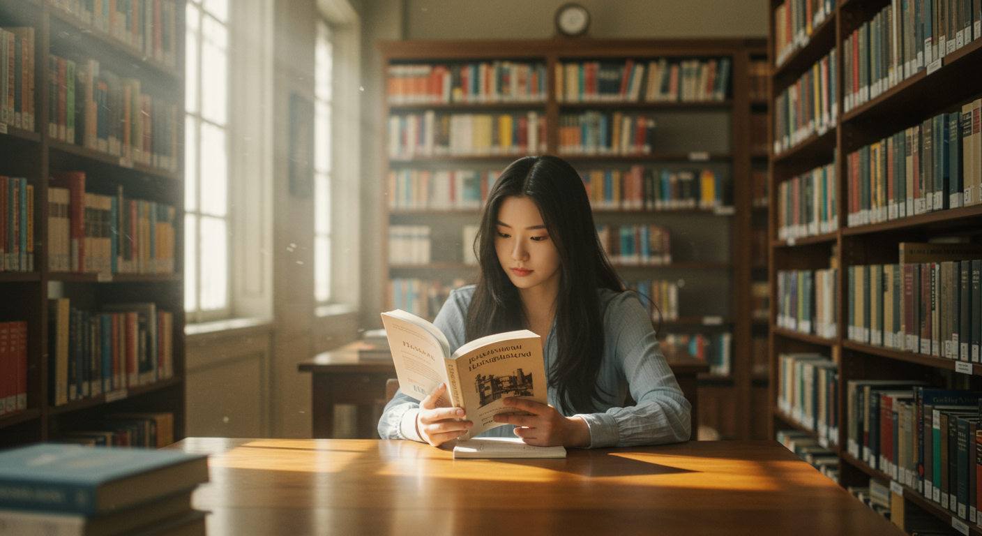 조용한 도서관에서 헝가리 소설을 읽는 학생