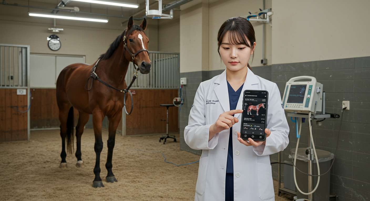 스마트폰을 사용해 말의 건강 상태를 체크하는 수의사