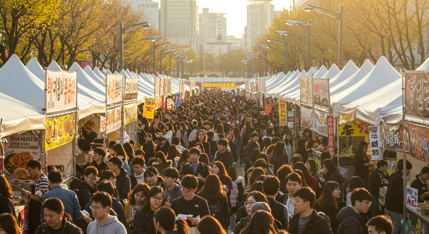다양한 한국 및 국제 음식 부스가 있는 코엑스 푸드 페스티벌 현장