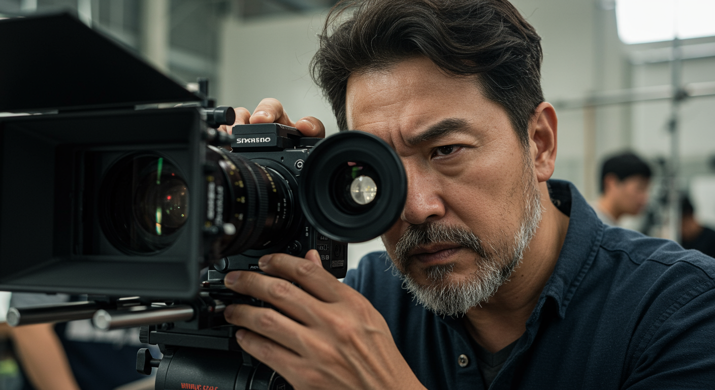 카메라 렌즈에 집중하며 영화 촬영을 하는 한국 감독의 모습
