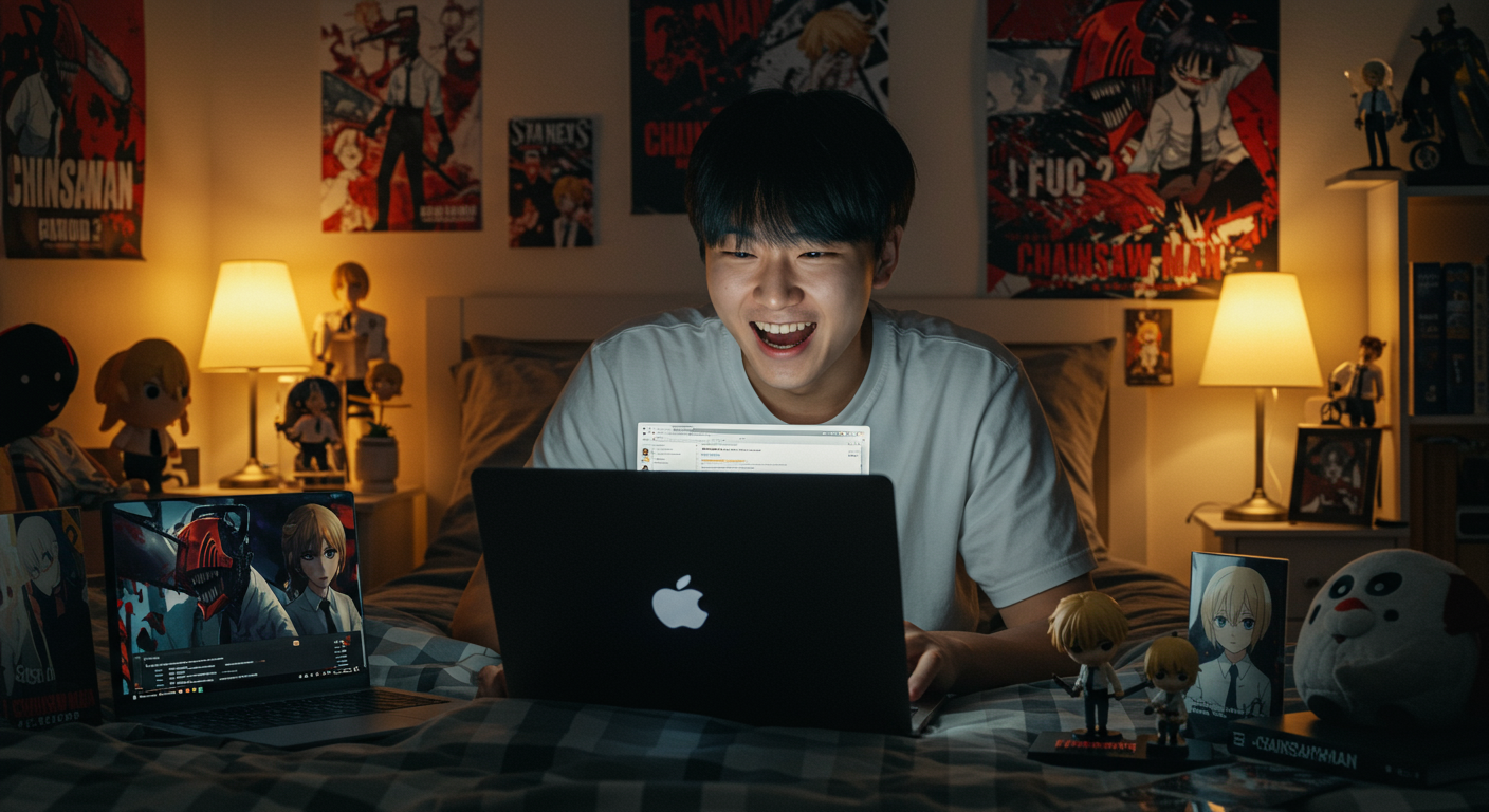 애니메이션 굿즈로 꾸며진 방에서 노트북으로 체인소맨 시즌 2 소식을 확인하는 팬의 모습