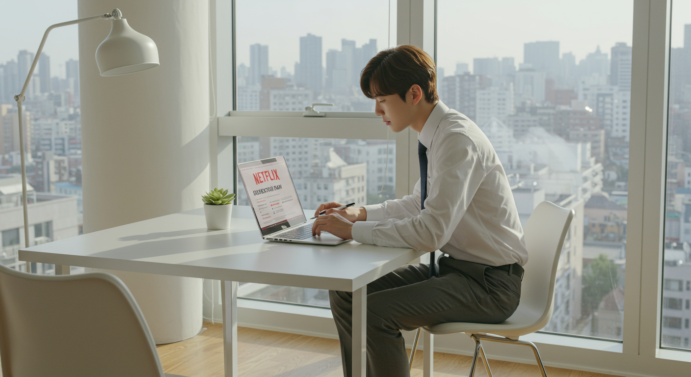 도시 아파트에서 넷플릭스 요금제를 노트북으로 검토하는 직장인