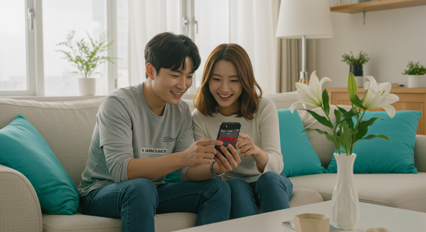 현대적 인테리어의 거실에서 스마트폰으로 넷플릭스 옵션을 논의하는 커플