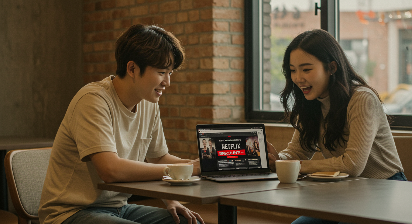 카페에서 커피를 마시며 노트북으로 넷플릭스 할인 방법을 논의하는 친구들