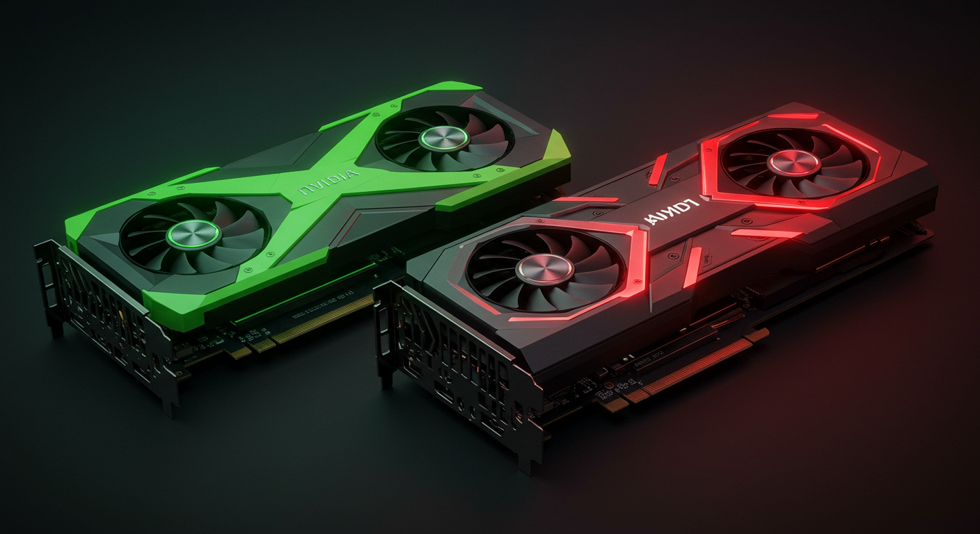 최신 NVIDIA와 AMD 그래픽 카드의 미래 지향적인 디자인과 브랜드 강조된 모습
