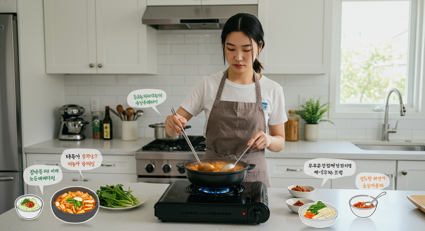 초보 요리사가 일반적인 실수를 피하며 순두부찌개를 준비하는 장면