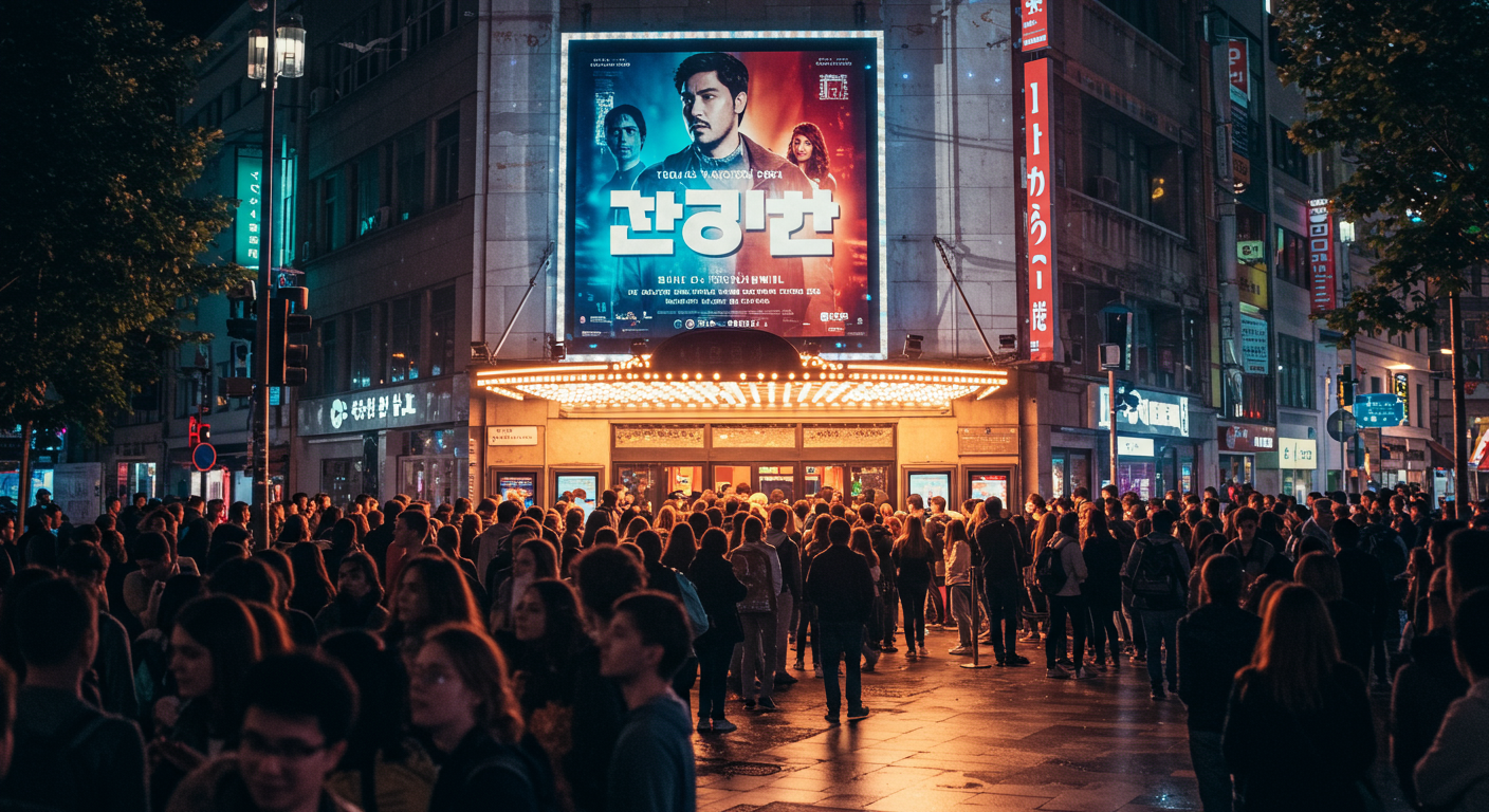 영화 '얼굴' 포스터가 걸린 극장 앞에서 관객들이 모여 있는 모습